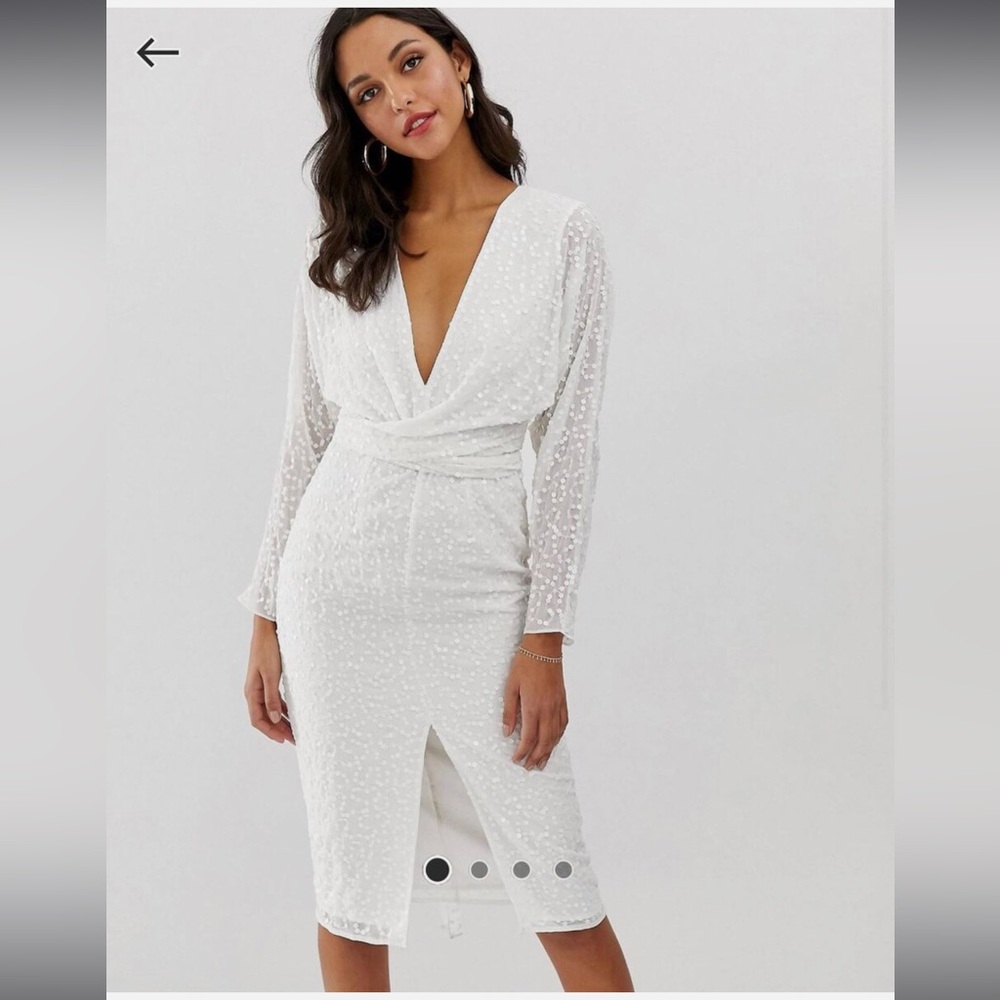 ASOS White Sequin Chiffon Midi Long Sleeve Dress